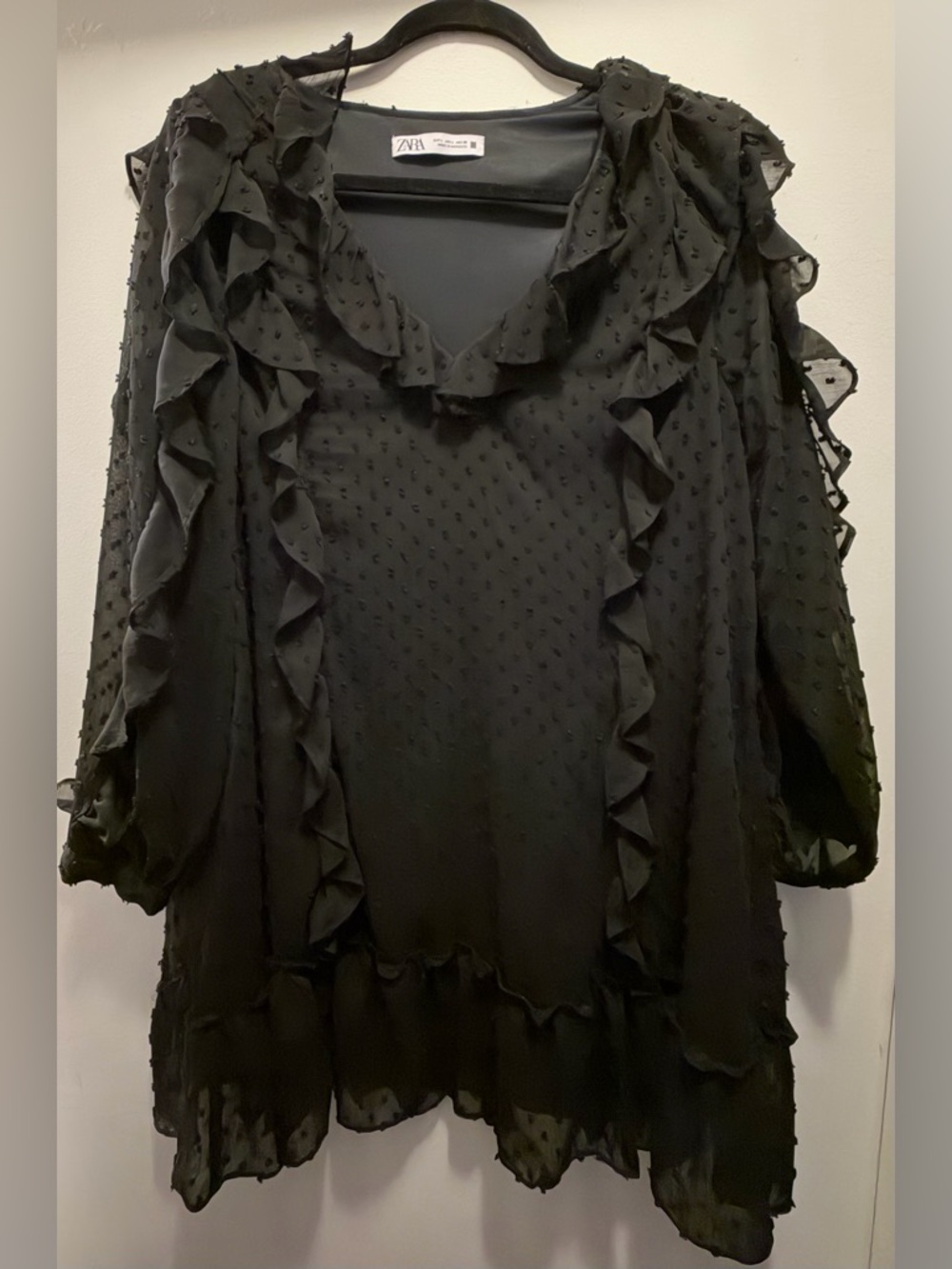 Zara Black Ruffled Swiss Dot Chiffon Dress